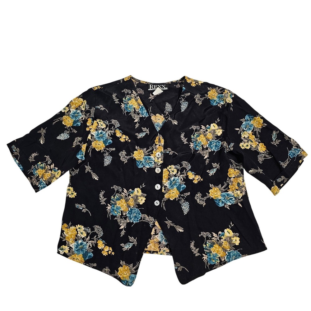 Vintage 90s ‎ Floral Button Up Blouse Black Yellow Blue Medium Boho Grannycore